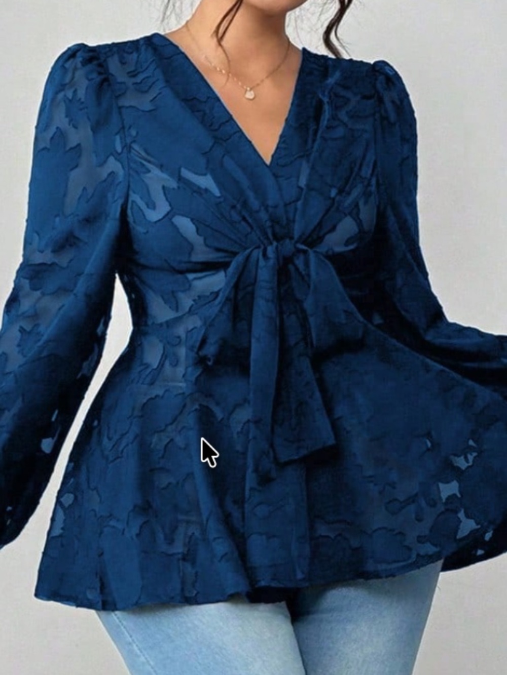 Plus Floral Burn out Semi Sheer V neck Front Tie Long Sleeve Blouse